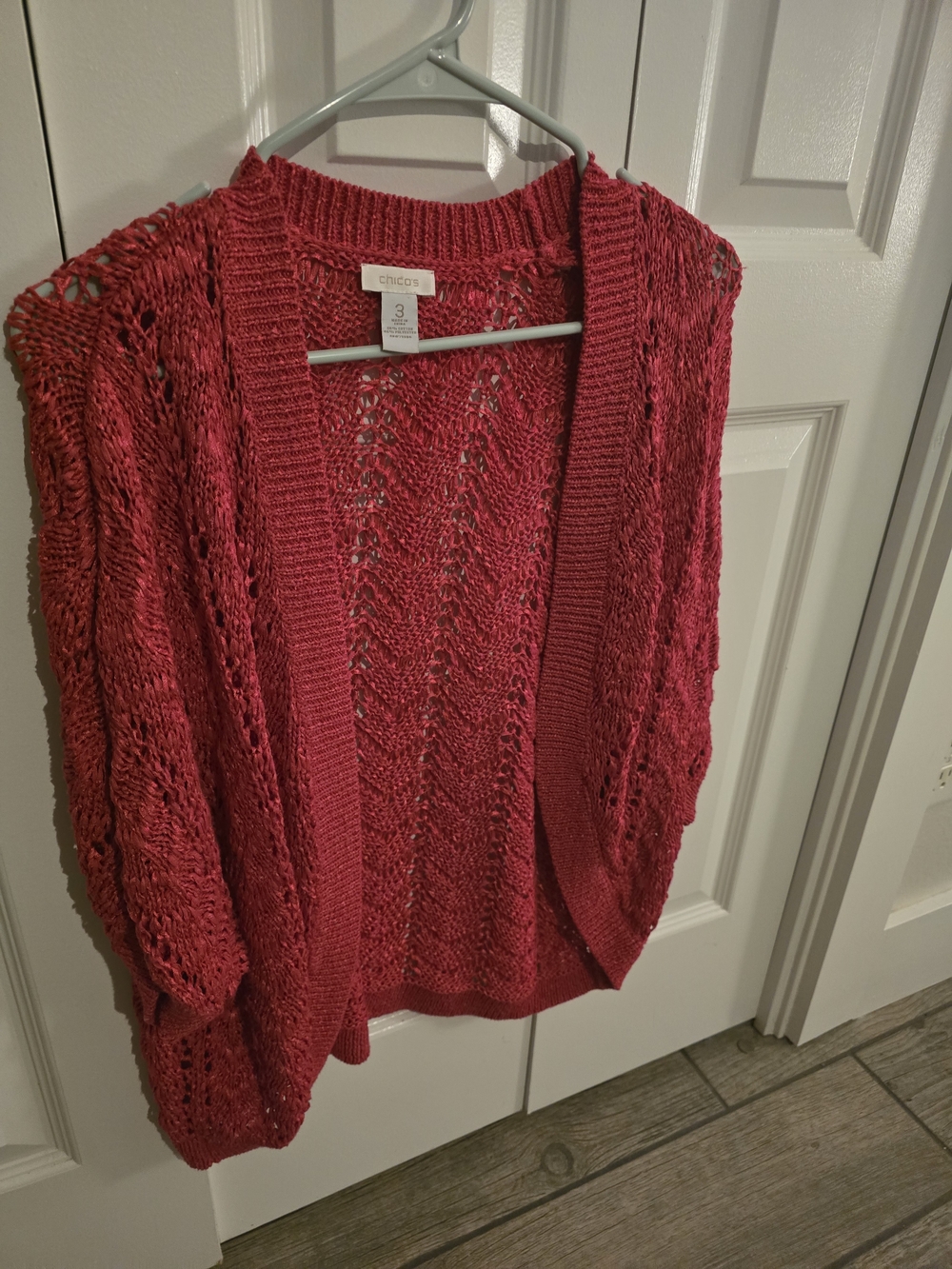 Chicos Size 3 Open-Knit Short Cardigan Sweater in Fuschia